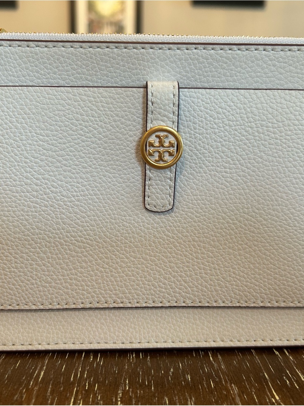 Tory Burch Off-White Pebbled Leather Wristlet with Gold Logo